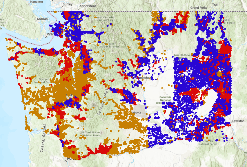 Map of Washington state with BEAD locations identified by colored dots depending on connection type.