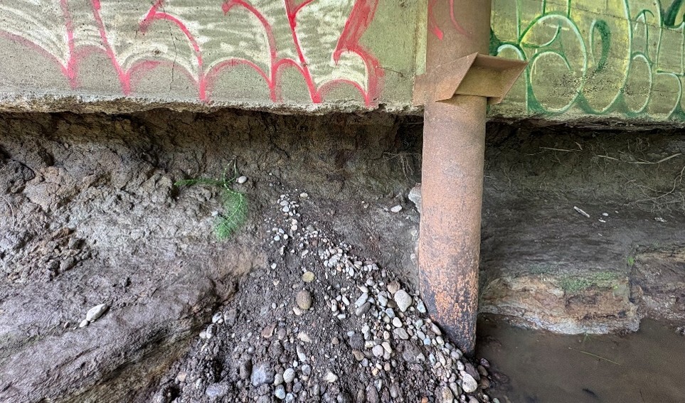 Scour under Exhibitor Creek Bridge in Chehalis after Salzer Creek flooded. Photo courtesy of City of Chehalis.