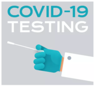 COVID-19 Testing. Infographic of a syringe in a medical professional's hand.