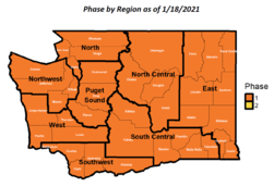 Washington Regional Phase Map; effective Monday, January 18, 2021. All regions are in phase 1.