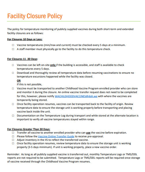 Facility Closure Policy