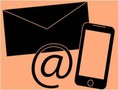 black images of phone email letter symbols on peach background