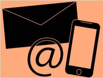 Envelope, email, cellphone symbols on peach background