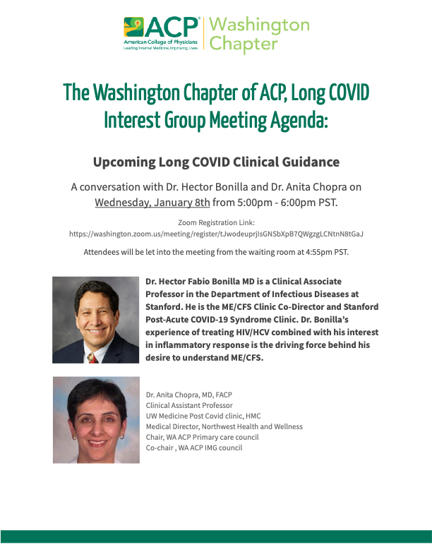 Flyer for January meeting of Long COVID Interest Group with images of Dr. Anita Chopra and Dr. Hector Bonilla. 