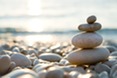 Different sizes of pebbles stacked in a stony shore