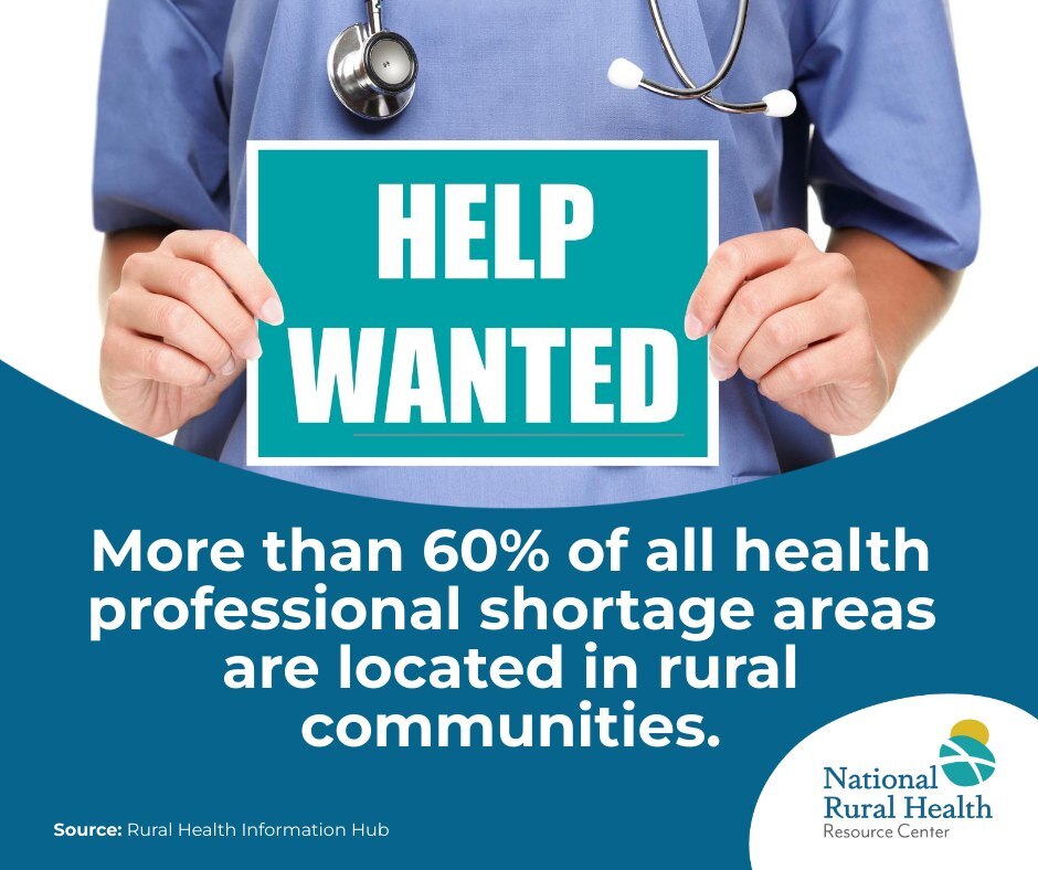 Healthcare professional holding a help wanted sign. More than 60% of all health professional shortage areas are located in rural communities.