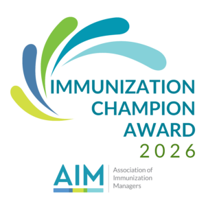 Immunization Champion Award 2026 logo, shades of blue and green in extended tear drop shapes