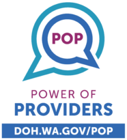 Power of Providers logo, two speech bubbles in different shades of blue overlapping