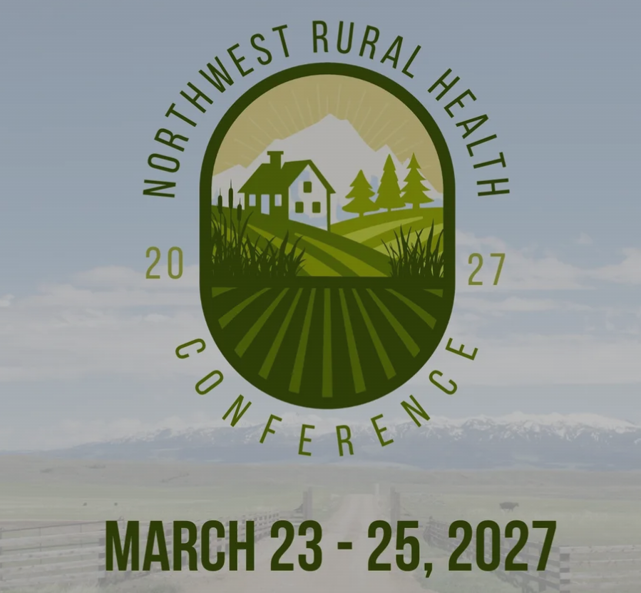 Northwest Rural Health Conference Logo, Farmhouse over fields with a mountain background all in an oval