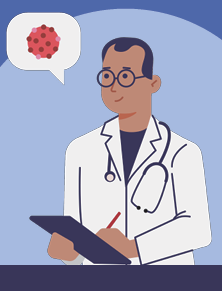 Male doctor thinking about measles and writing on a clipboard.