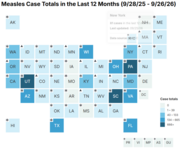 U.S. Map of Measles Case Totals in the Last 12 Months (9/28/25 - 9/26/26)