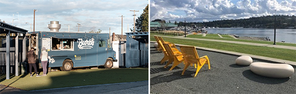 On the left, two people order food from a food truck. On the right, two lawn chairs above a grassy lawn overlooking water.