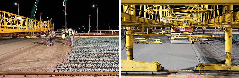 On the left, construction workers smooth concrete placed over rebar by a yellow machine. On the right, the same machine places and smooths concrete.