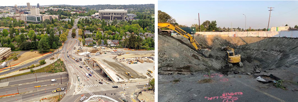 Left, looking over a freeway overpass next to large flat lid structure over the freeway. On the right, excavators dig dirt from a large pit.