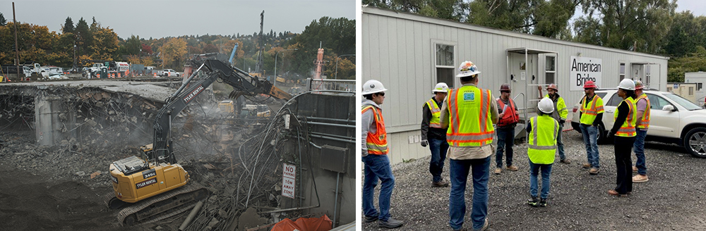 Left, crews use construction equipment to tear down a highway overpass. On the right, a group of people in construction gear meet in a parking lot.