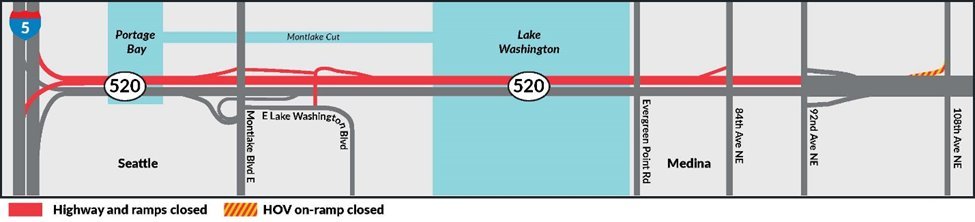 Map of westbound SR 520 closure (in red) between 92nd Avenue on the eastside to I-5. 