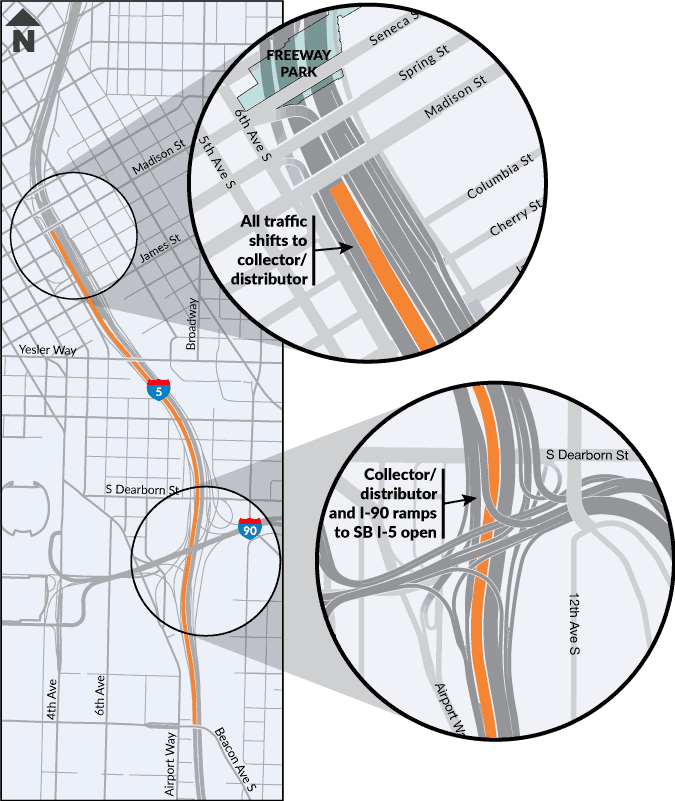 A map that shows traffic changes on southbound I-5 between I-90 and Spokane Street