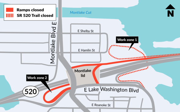 Illustrated map highlighting closure areas in Montlake neighborhood.