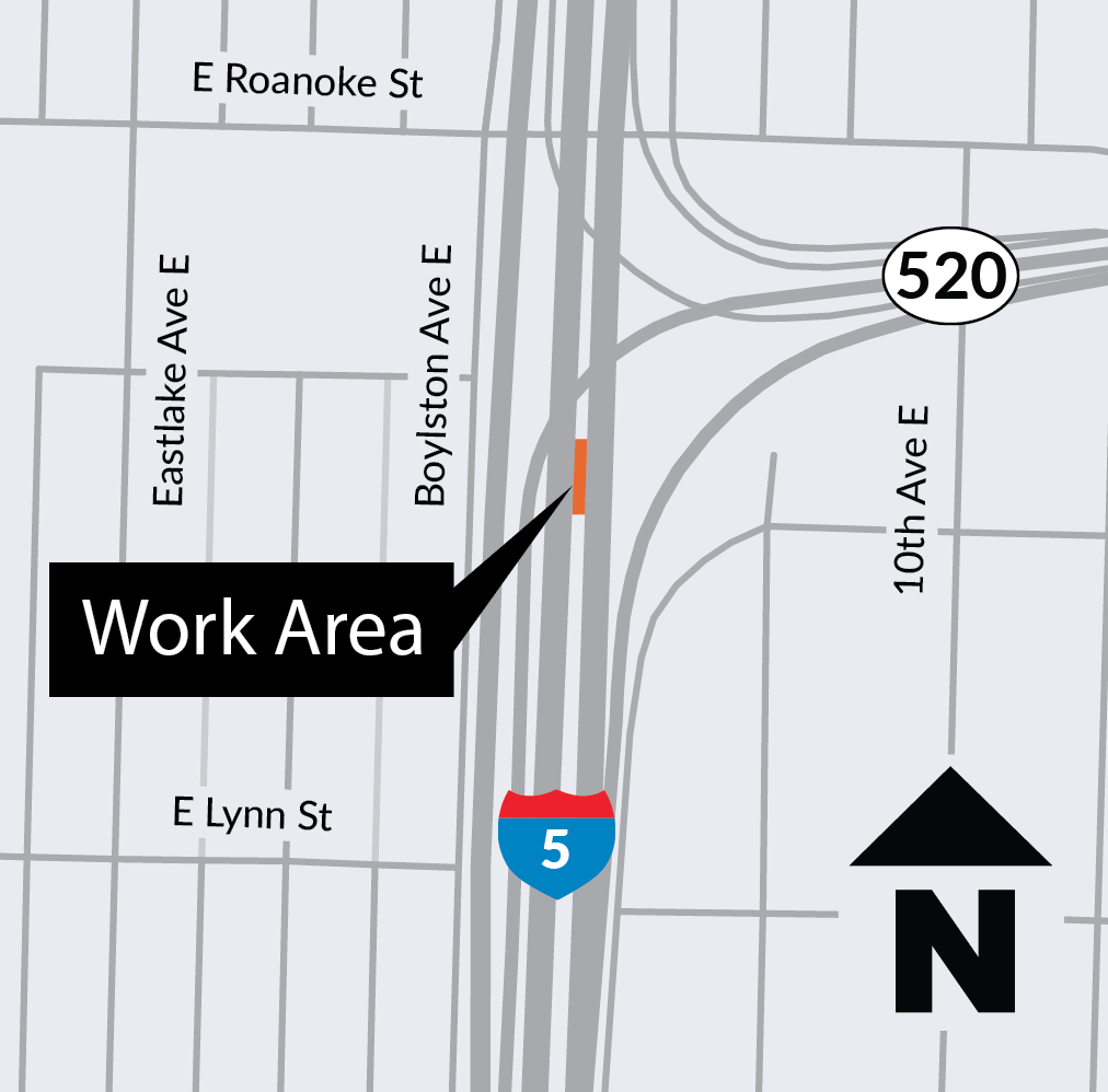 Map of construction area near I-5 and SR 520.