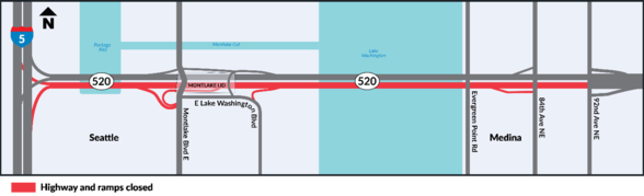 Map of eastbound SR 520 closure highlighted in red.