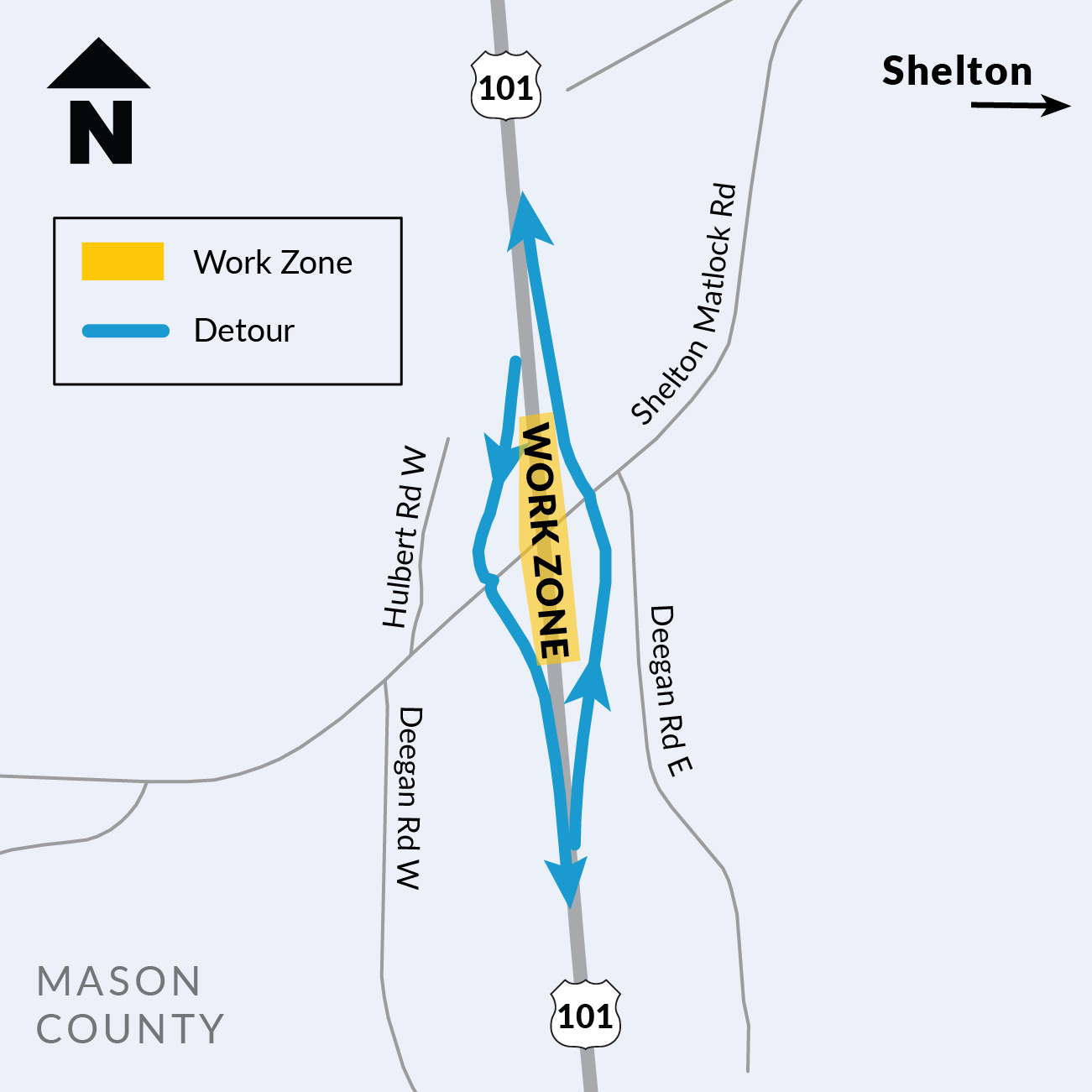 US 101 at Shelton Matlock Road detour map. Yellow overlay shows closed work zone on US 101 and blue lines show detour via ramps. 