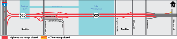 Map of SR 520 closure between I-5 and 92nd Avenue on the eastside. 