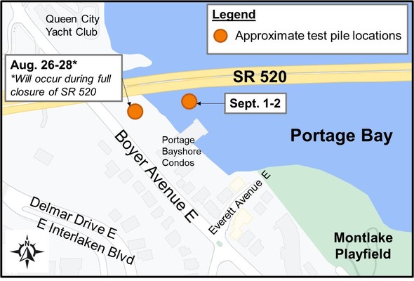 Map of test pile locations near Portage Bay.