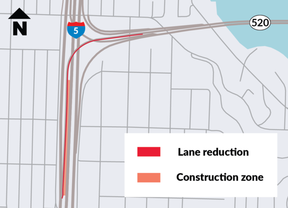 A map of the lane reduction and construction zone for the WB 520 off-ramp to SB I-5 lane reduction. 