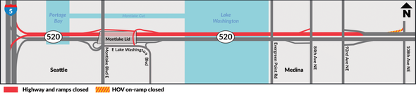 Map of WB 520 night closure in red, trail remains open
