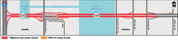 Map of full SR 520 closure in red, trail remains open in green
