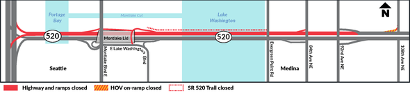 Graphic shows a map of the westbound SR 520 closure with an outline in red of closed highway, trail and ramps
