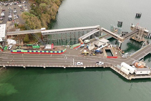 Aerial view of construction progress at Bainbridge Island ferry terminal