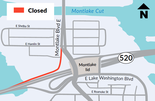 Graphic shows a map of the on-ramp to westbound SR 520 closed in red at Montlake Blvd