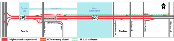 Graphic of map shows the SR 520 bridge closed in both directions across the lake in red. Trail in green remains open.