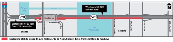 Map showing eastbound sr 520 closed from Montlake to 92nd Ave in red