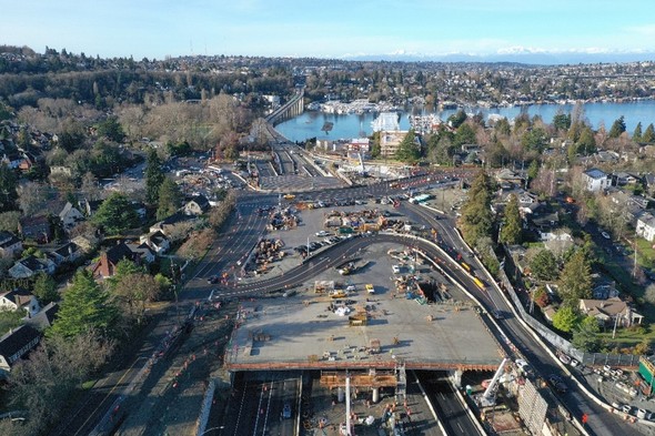 Photo shows an aerial view of construction for the Montlake Lid