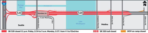 map showing full SR 520 Closure with highway closed in red and trail closed in red