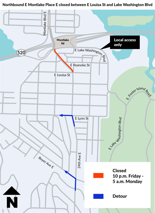 Map shows detour routes in blue for NB E Montlake E closure