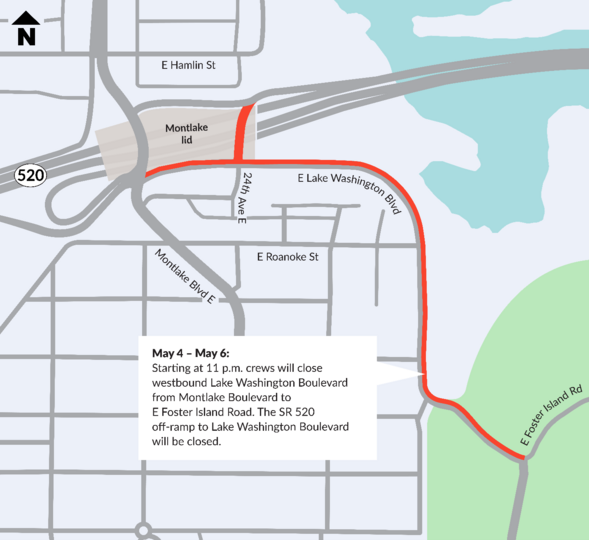Map showing Lake Washington Boulevard. Closure in red for westbound lanes from E Foster Island Rd to Montlake and off-ramp