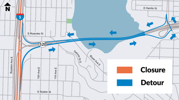 Pictured is a map of I-5 and SR 520 interchange; map shows detours in blue and closures in orange.