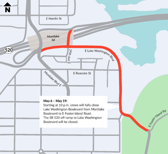 Map shows Lake Washington Boulevard closure in red rom Montlake Blvd E to E foster Island Rd. 