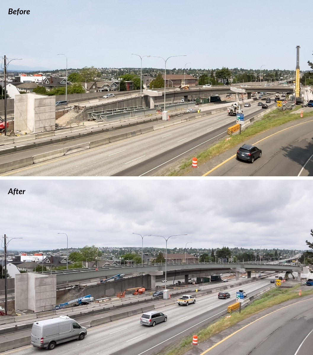 Photo shows before and after when crews used cranes to lift and assemble girders in before placing on concrete piers and crossbeams.