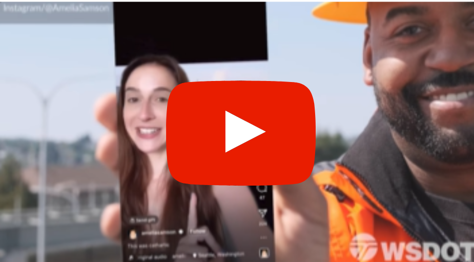 Video still of our I-5 project video showing Tony holding phone up with Tik Tok about I-5 SB/SR 520 connection