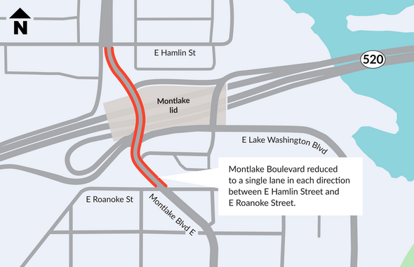 Map shows Montlake single lane closure in red
