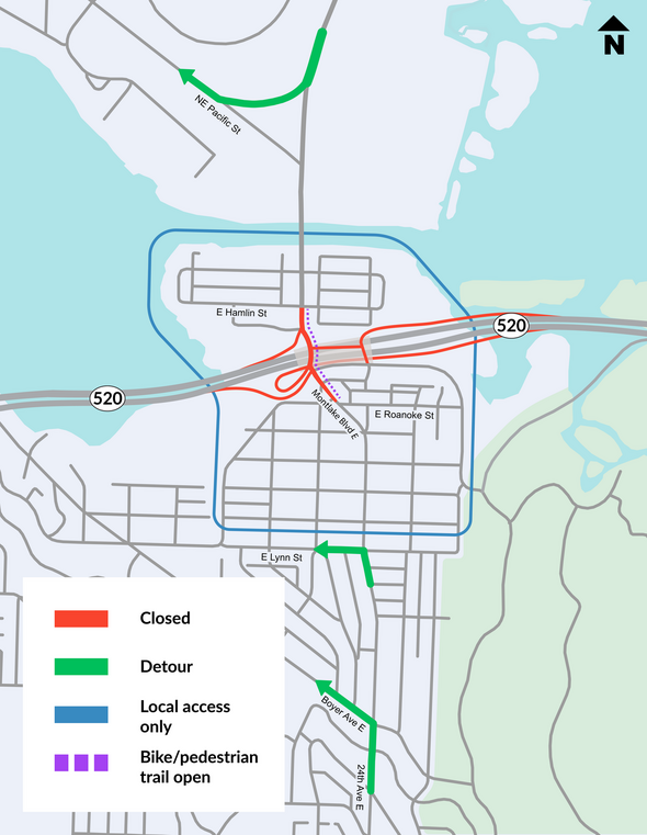 Map shows montlake blvd closed in red with detour in green, local access in blue and dotted purple for bike ped trail open
