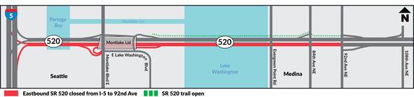 Map shows EB SR 520 closed across Lake Washington in red, with trail showing open in green