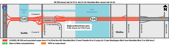 Closure map shows sr 520 and montlake blvd closed in red and open bike and pedestrian path in green