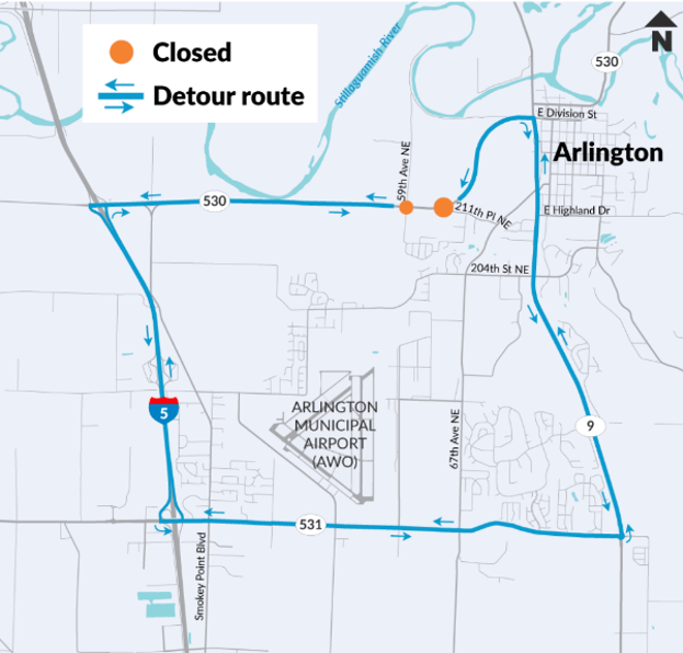Map shows location two roundabouts will be built on SR 530 near Arlington and detour routes around the closures in blue.