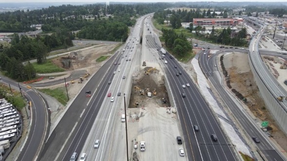 An overhead view of I-5, looking south