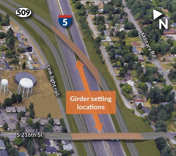 This visualization shows where crews are placing girders for the SR 509 flyover ramp and a new South 216th Street bridge over I-5.